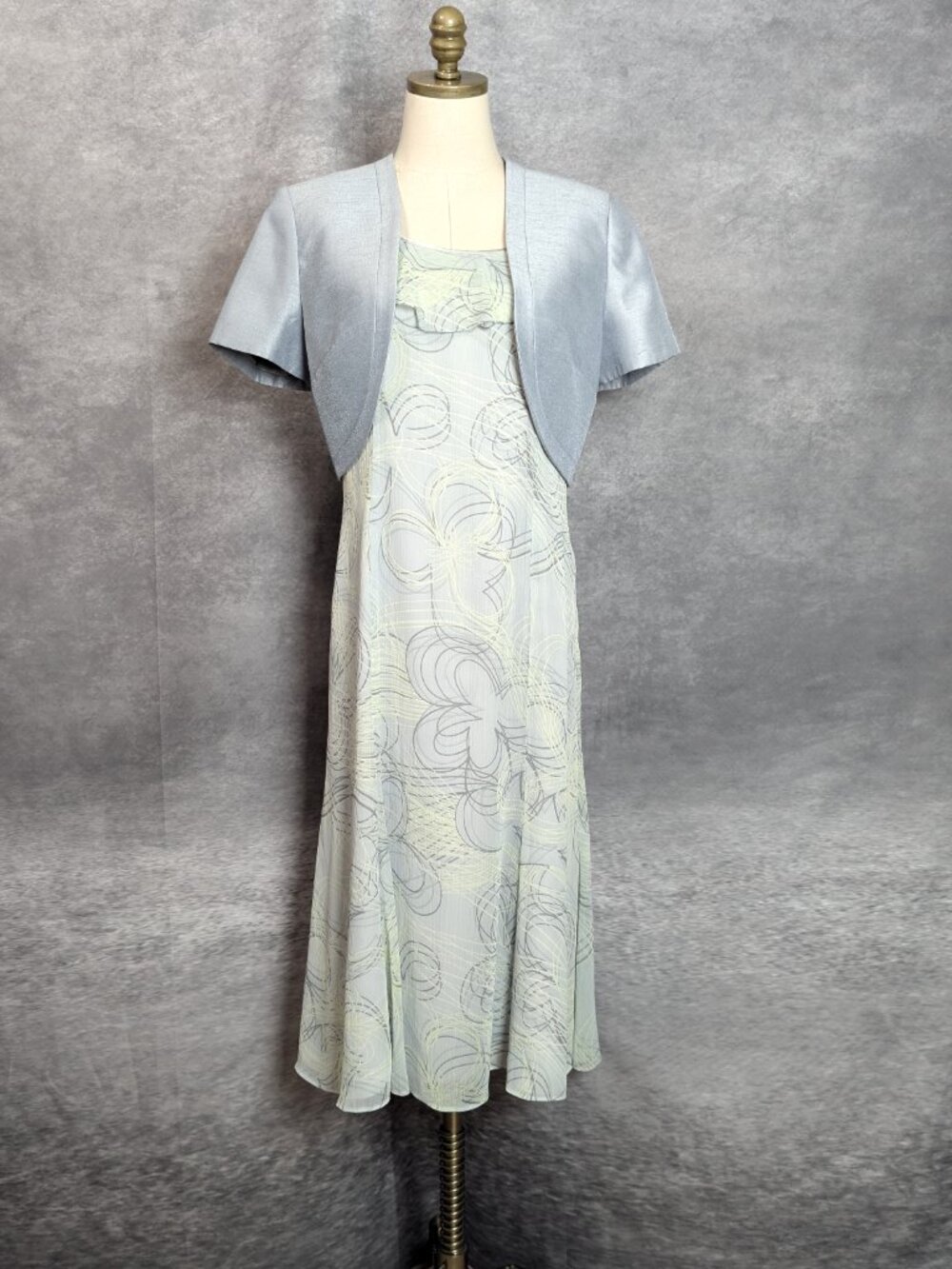 Vintage JACQUES VERT 2 pc Mother of Bride Midi Dress Bolero Jacket Set 8 Pastel